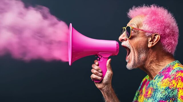 Colorful senior man shouting through pink megaphone. Bold expression and loud personality. Concept of rebellion, creativity and aging loud.