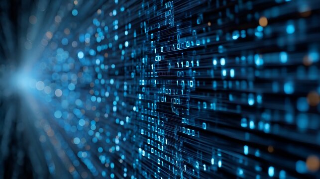 Abstract digital backdrop with glowing blue binary code and lines