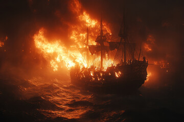 Obraz premium Boat engulfed in fire on the ocean, billowing smoke fills the sky, a dramatic scene of peril and danger unfolding.