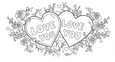 Two heart shaped candies with Love You message surrounded by roses line art for coloring book page