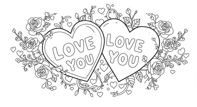 Two heart shaped candies with Love You message surrounded by roses line art for coloring book page