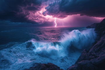 Fototapeta premium Lightning storm illuminating the night sky above a turbulent ocean, creating a dramatic and awe-inspiring scene.