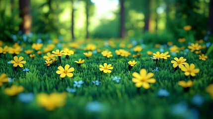 Obraz premium Field of yellow flowers with some small blue ones Trees are visible in the background with the blurred light coming thr
