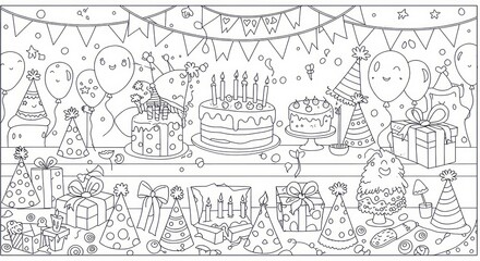 Whimsical birthday celebration scene with cakes, balloons, and gifts in black and white line art for coloring book or party invitation