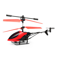 A toy red RC helicopter on a white background.