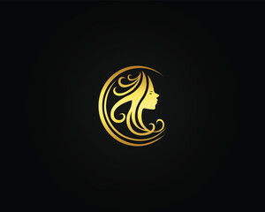 Elegant Beauty Salon with Woman Profile and flowing hair Logo Design Modern Vector Template.