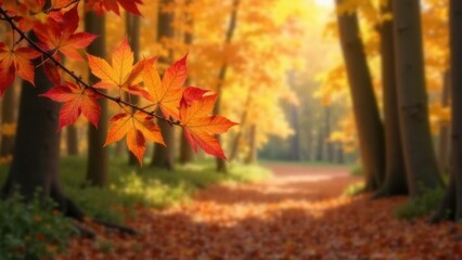 Fototapeta premium Colorful leaves in autumn decorate a wide blurred background in the forest