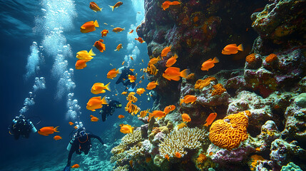 Scuba divers explore a coral reef teeming with vibrant orange fish amidst a flurry of bubbles in the crystal-clear ocean