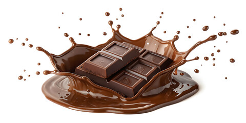 Splash of Melted Chocolate with Dark Chocolate Bar on White Background – High-Speed Food Photography