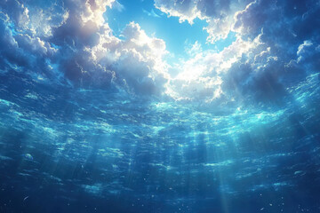 Fototapeta premium Blue ocean with sun shining through, creating dreamlike patterns on the seabed. White fluffy clouds overhead add to the serene seaside view.