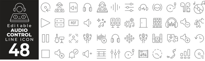 Audio Control Icon Set: A Line Icon Collection Featuring Volume, Speaker, Mute, Equalizer, Sound Settings, and More