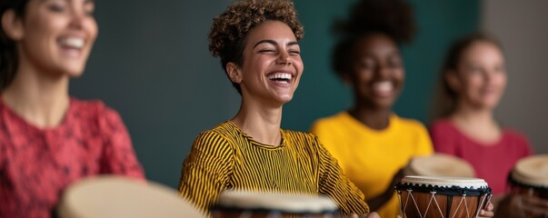 A joyful group of women playing drums, smiling and enjoying a musical experience together in a vibrant and colorful setting.