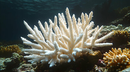 Underwater scene featuring white coral with branch-like structures surrounded by rocky substrate  darkened water