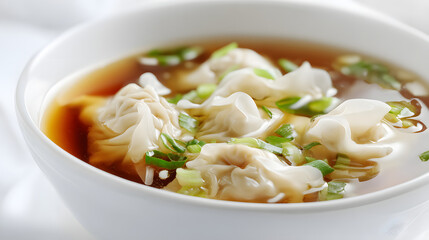 Delicious, Ultra-Realistic Bowl of Chinese Dumplings with Broth and Green Onions Captured in High Detail