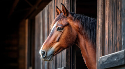 Horse's gaze in the stable: A beautiful chestnut horse gazes out of a rustic wooden stable, bathed in warm light, observing its surroundings.