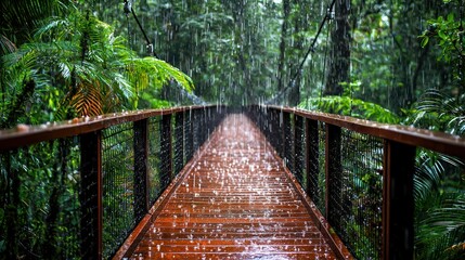 Rain-soaked walkway through lush rainforest canopy.  Wooden boardwalk extending into a dense green jungle during a downpour