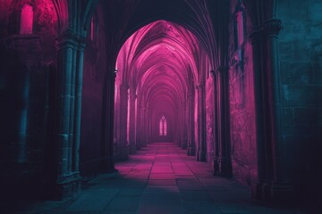 Obraz premium Mysterious gothic corridor illuminated by pink light in ancient structure