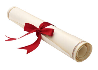 Decorative diploma scroll tied with red ribbon  