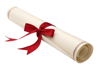Decorative diploma scroll tied with red ribbon  