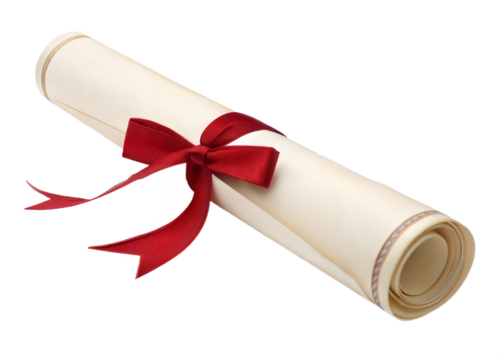 Decorative diploma scroll tied with red ribbon  