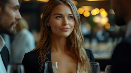 Networking event in upscale venue with elegant guests sharing drinks and conversations