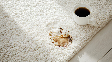 white fluffy rug with some coffee spilt on it, coffee cup next to it, cleaning concept