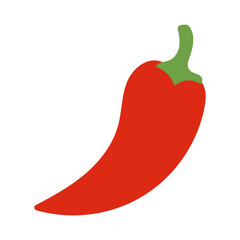 A red pepper is shown. The pepper is cut in half and the stem is visible