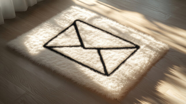 white fluffy rug with an envelope logo on the floor, notifications, messengers, online communication