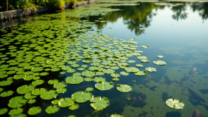 A serene aquatic scene with a pond covered in vibrant green lily pads.
