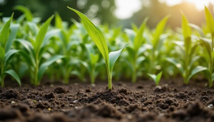 Young corn plants in fertile soil