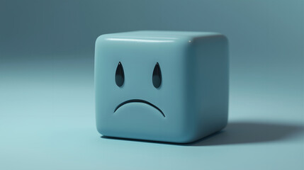 a character in the shape of a cube with soft edges and a sad expression, isolated on blue background, sadness concept