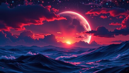 Crimson moonrise over the waves