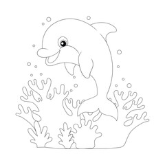 Cheerful dolphin leaping from ocean coloring page for kids
