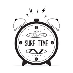 Surf time. Alarm clock with surfboards and text, monochrome design isolated on white background. Surfing on tropical beach. Black icon or sign