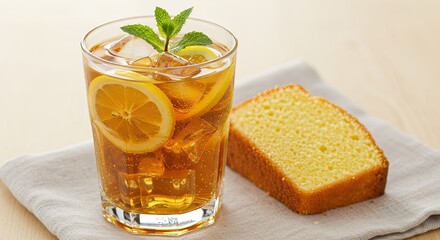 Refreshing Iced Tea with Lemon and Mint Beside Lemon Cake