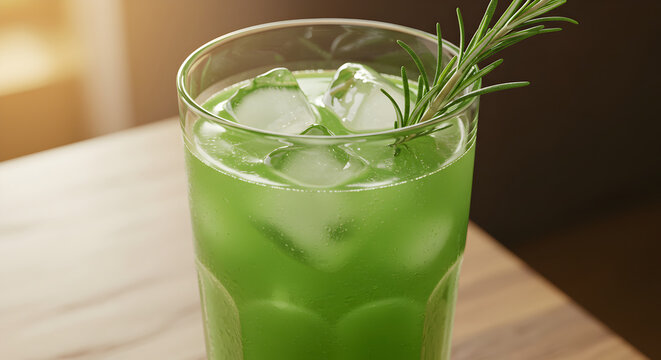 Refreshing Green Elixir Cocktail With Rosemary And Ice On A Wooden Table