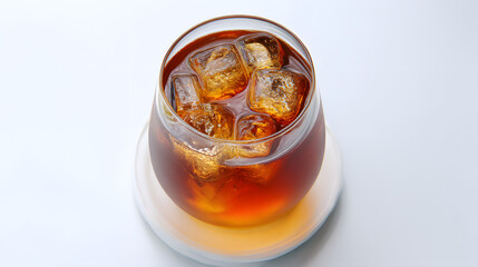 Crystal Clear Glass with Ice Cubes Containing Refreshing Beverage on White Background