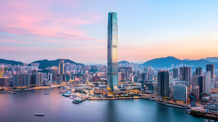 Hong Kong Skyline Sunset Cityscape Aerial View