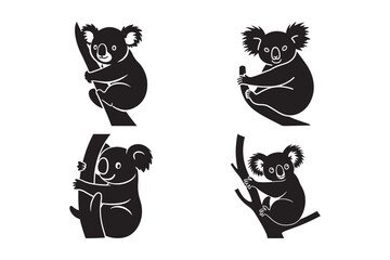 Cute Koala Bear Silhouette Vector Set Climbing Tree Animal Illustration