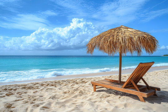 A beach chair with a straw umbrella on sandy beach, overlooking crystal blue waters under clear sunny skies.