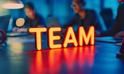 Word team glowing on desk with coworkers background  
 - Powered by Adobe