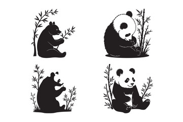 Panda Bear Silhouette Vector Set Bamboo Eating Wildlife Clipart