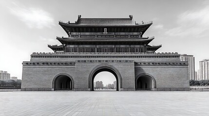 Obraz premium A Large Chinese Traditional Architecture Building Black And White