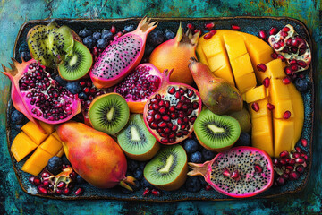 Tray filled with vibrant fruit and fruit slices, showcasing a colorful array of oranges, apples, grapes, and strawberries, fresh and inviting.