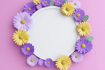 Fototapeta premium 3D white blank circle mockup with purple, yellow, and violet daisies around it on a pink background.