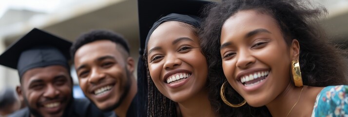 A joyful group of graduates stylishly poses together, capturing the excitement and achievement of graduation day alongside shared dreams and future possibilities.