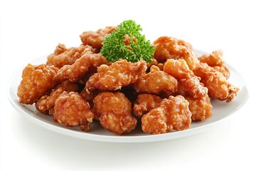 Crispy golden fried chicken karaage pieces served on a white plate with garnish, isolated on white background