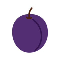 A purple plum. The plum is purple and has a stem. The image is in black and white