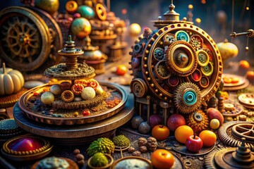Obraz premium Steampunk Food Photography: Gears, Cogs & Culinary Creations - Industrial Food Art