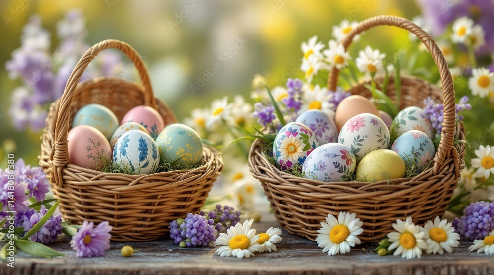 Poster two baskets filled with colorful easter eggs on a table surrounded by flowers.